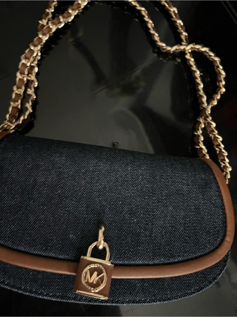 Michael kors Designer-Inspired Denim Crossbody Bag with Brown Trim